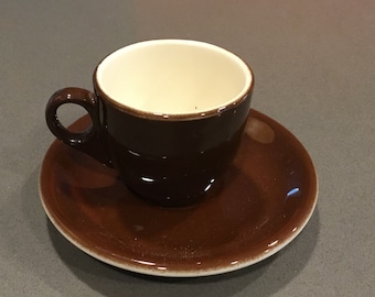 Shenango China cup and saucer, dark brown espresso demitasse cup in a DEEP brown glaze from New Castle Pennsylvania with off white edge