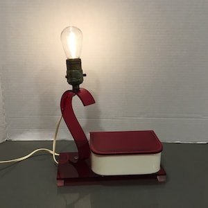 Lucite table lamp & trinket box, cranberry red and cream 1940 1950 Art Deco beauty, moveable S shaped lamp neck mid century mod w storage
