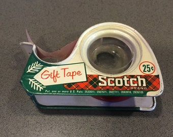 Vintage SCOTCH TAPE 1950 1960 Scotch red Christmas gift 3M tape marked 25 cents plaid metal tape dispenser, shiny red tape, small sled shape