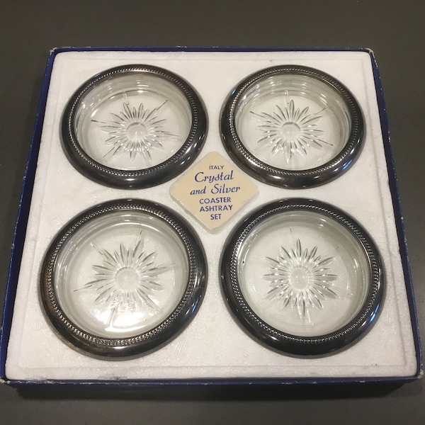 Starburst pattern silver & crystal coaster/ashtrays by Leonard of Italy, marked silver plate, n clear glass, barware set 4 in original box