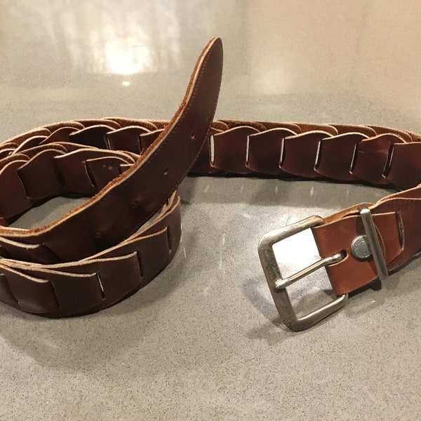 Vintage belt 1970 small leather 26 27 28 29 inch waist cognac belt-silver buckle slight stretch hippie heavy duty well made by RAU Fasteners