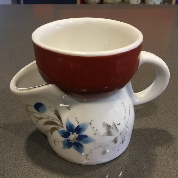 Shaving soap lather mug 1920s Barbers cup, in brick red white blue gold, soap belly & pitcher for old fashioned lather brush razor shaving