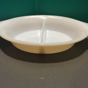 Vntg FIRE KING divided serving dish-peach luster outside-white milk glass inside-Fire king glass double side-party-relish-vegetable-olive
