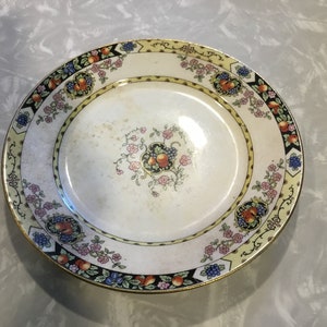 Dresden plate/dish-vintage S.V. China USA- OLD plate w fruit & floral pattern gold trim black hearts yellow- pink-green-blue Victorian 1800s