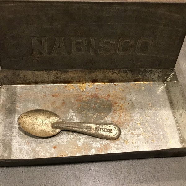 1890 1900 NABISCO cracker tin, VINTAGE embossed aluminum cracker box EARLY Nabisco container w/a Keystone metal ice cream spoon thrown in!