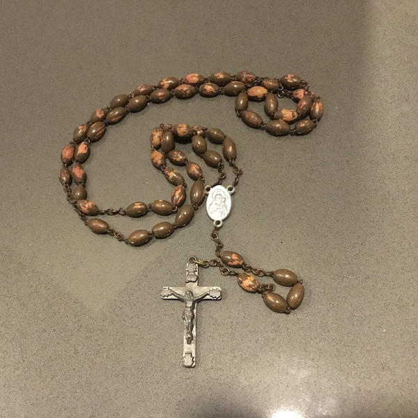 Vintage Catholic rosary well used wood beads pewter metal cross, zinc saints 20 inches in length vintage religious prayer item brass wood