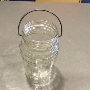 Pickle jar clear glass by Hazel Atlas-wooden barrel shaped w metal handle for pickles/eggs -storage container VERY good condition-no lid