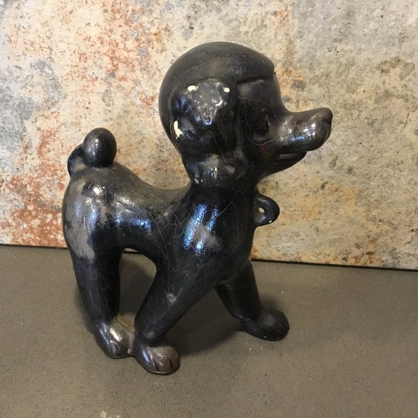 Black Poodle ceramic/chalkwear figurine, hollow lightweight dog w a loop on collar-seems VERY old but unmarked, lots of crazing not redware