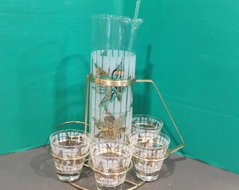 Mid century bar caddy glass and brass drink pitcher w shot glasses n stir stick, gold leaves on clear & frosted etched glass by Libbey (?)