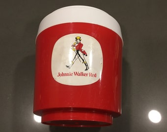 1973 ice bucket Johnnie Walker Red Whiskey-red & white plastic by STEWART of London England-party accessory- bar drink ware