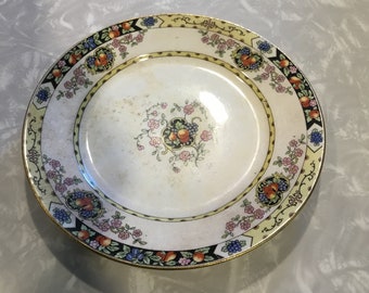 Dresden vintage plate, S.V. China USA OLD plate w beautiful fruit & floral pattern gold trim black hearts yellow, pink,green,blue Victorian