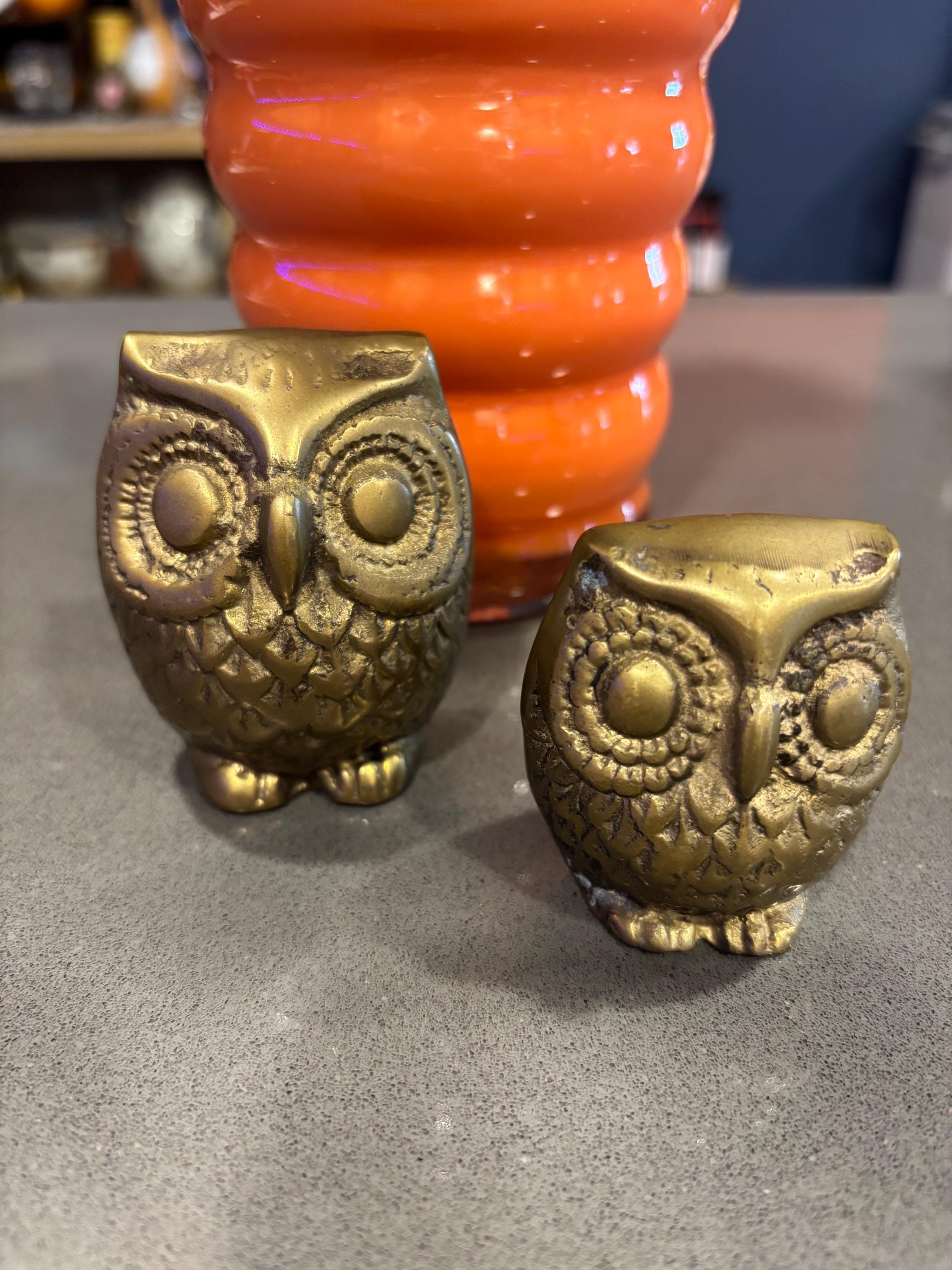 Vintage Brass Owl Figurines, Set of Two, Raptor Knick Knacks