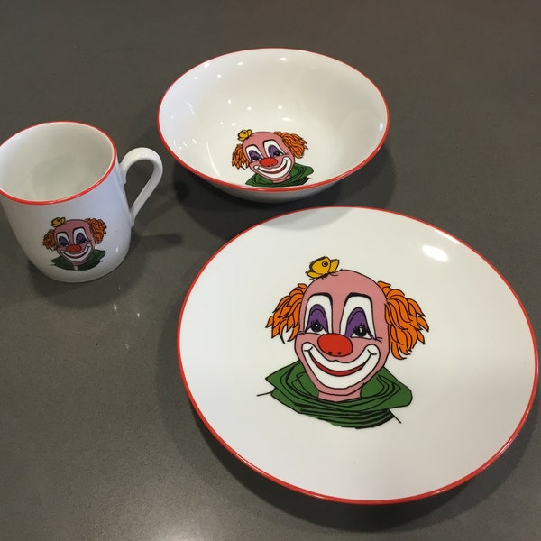 Clown cup, dish, bowl by Bareuther Waldsassen, Bavaria German vintage white china w red trim a clown on each piece for child or adult clown