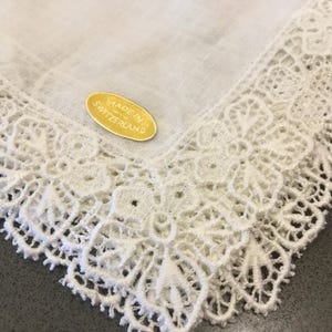 vintg Swiss lace sheer handkerchief-fine linen boardered w/intricate hand tatted floral edges-made in Switzerland stamp-brides some/old gift