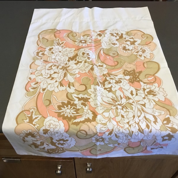 1970 1980 pillowcase MARTEX by Luxor in peach pink tan on white standard size permanent press Percale bed sheet pillow cover floral n leaf