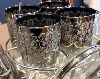 Mid century Dorothy Thorpe drink caddy bar set-smoked silver hombre fade-4 glasses-4 coasters/ashtrays - etched floral design BEAUTIFUL mod