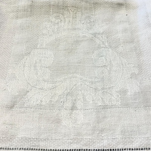 Vintage linen table runner/cover, subtle damask stripe and crown design for vanity or over table cloth