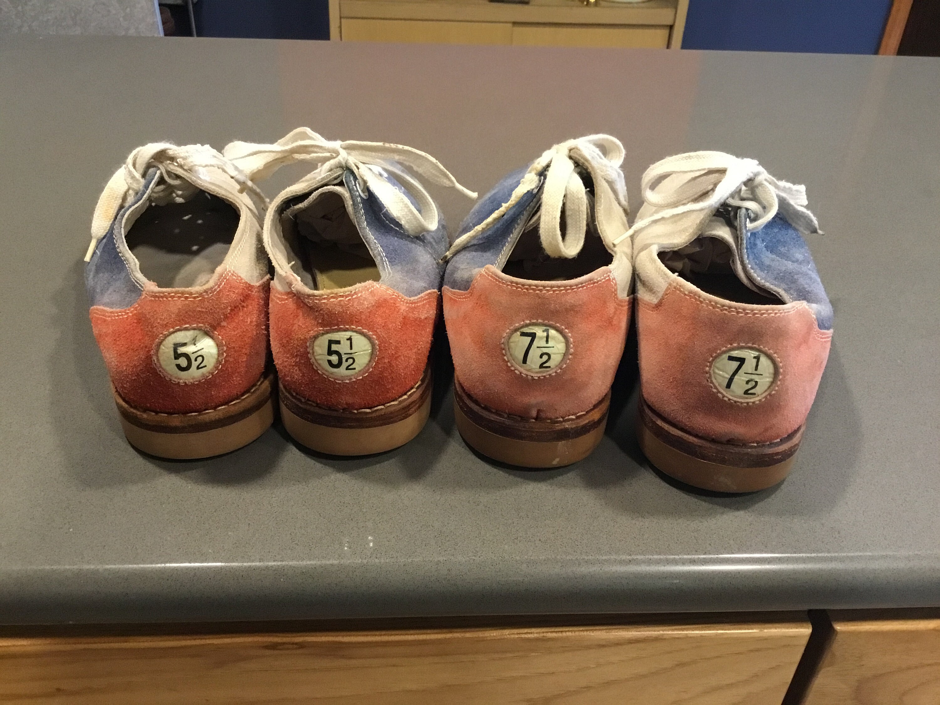 red and blue bowling shoes