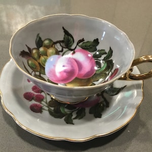 Vintage Royal Sealy teacup and saucer, Plum fruit design on white with gold trim, 1940 1950 cup and saucer set shades of purples beautiful!