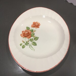 Oval serving platter- coral rose pattern- Cronin China co-Minerva Ohio-vintage red & white kitchen-ribbed  table platter/ wall art-1930 1940