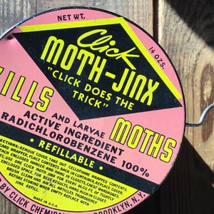 Vintg mothball tin-MOTH JINX round 1930 40 hanging insect repellant holder for closet- pink- black-yellow-bright & pretty keeps out moths