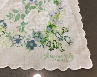 Handkerchiefs by Jean D Orly of France, 2 SIGNED floral fine cotton feminine pretty in greens & blues on white 1950s floral vintage tissues