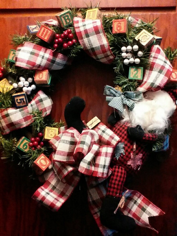 Santa Christmas Wreath Country Claus W Wooden Blocks Plaid Etsy