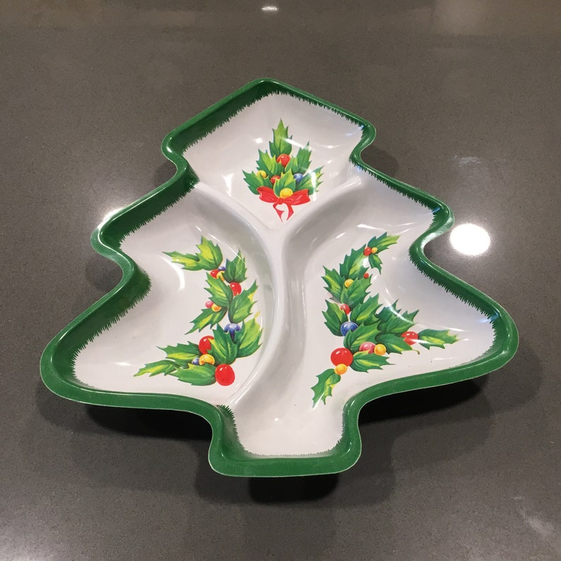 Vintage Christmas cookie tray, plastic Christmas tree shaped serving party tray with divided compartments, 1980s Yule tree Xmas candy kitsch image 1