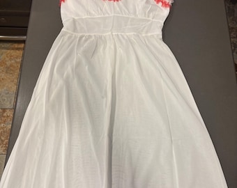 1950 60s White Nylon Nightgown lingerie - Red Ruffle Trim, Empire Waist nightie Size Small