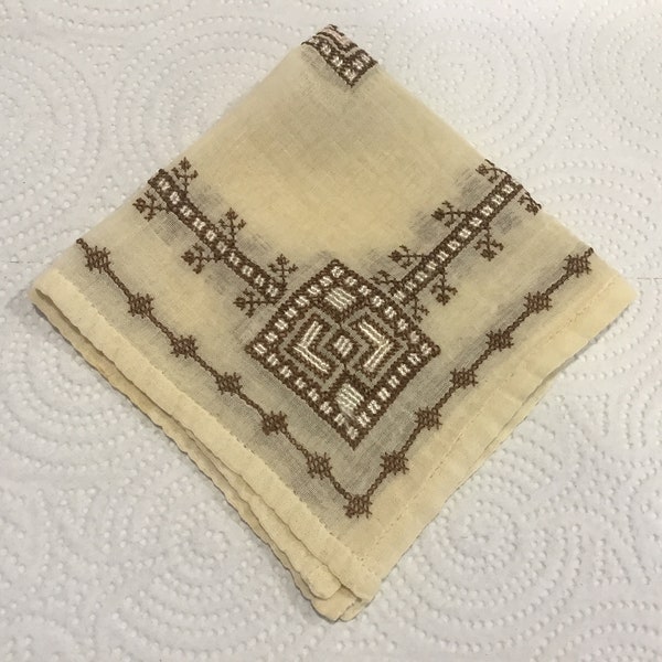 Vintage 1920s hankie hand embroidered & stitched fancy handmade sheer linen handkerchief in brown cream white pink on beige-beautiful unique