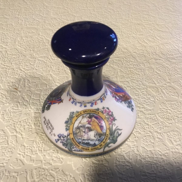 British Navy Pussers Rum ships decanter- personal size small ceramic cork top rum storage cobalt blue/white Latin script importd NY PUSSER’S