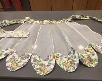 Sheer floral waist apron- fancy vintage feminine, yellow-purple n green floral design waist & scalloped bottom, sheer pleated yellow front