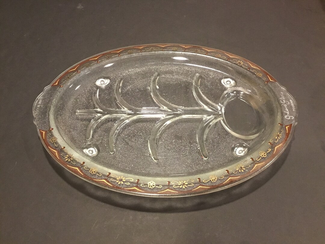 Glass Fish Serving Dish Fish Skeleton Brown & Gold Design on Clear Textured Glass, Oval With 4