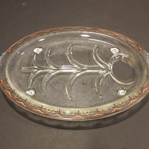 Glass fish serving dish fish skeleton brown & gold design on clear textured glass, oval with 4 feet vintage fish serving dish 1960s 1970s image 1