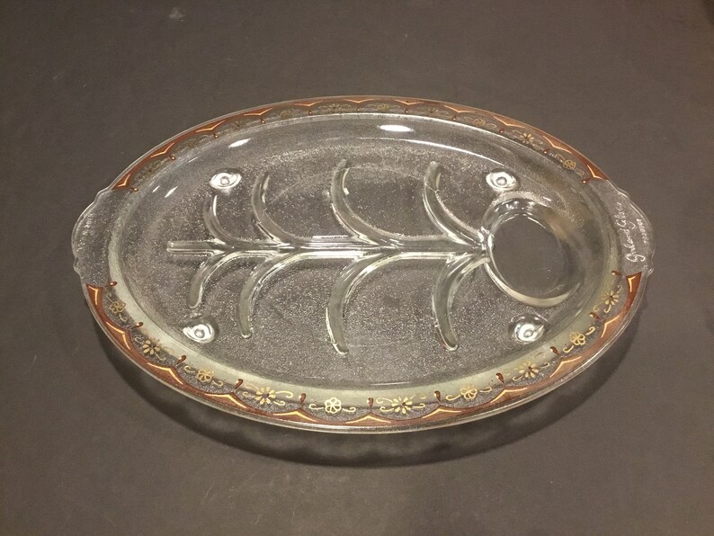 Glass fish serving dish fish skeleton brown & gold design on clear textured glass, oval with 4 feet vintage fish serving dish 1960s 1970s image 1