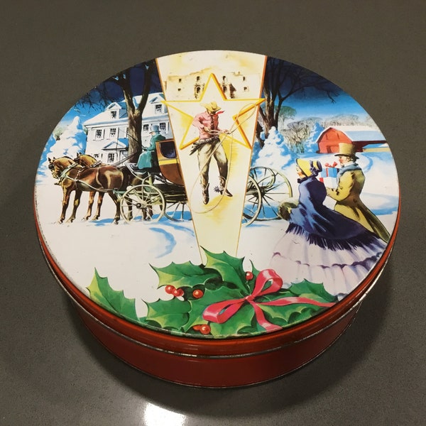 Vintage fruitcake tin, 1950 1960 red round DELUXE fruitcake tin of Collin Street Bakery Corsicana Texas-1850s cover with cowboy & stagecoach