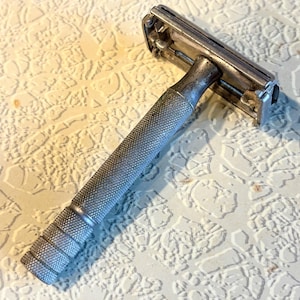 Gillette vintage safety razor-twist to open-double sided 1950s every guy standard shave shaving tool-textured metal handle grandpa favorite