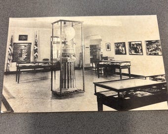 1920s National Baseball Hall of Fame Museum postcard-black & white photo of the old wing Cooperstown NY the monument in glass case 2nd floor