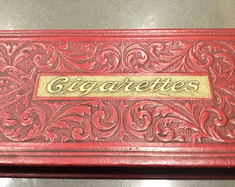 Cigarette box-1940s vntg tooled leather cigarette vanity case -red & gold- stash box storage container tobacciana living room- office prop