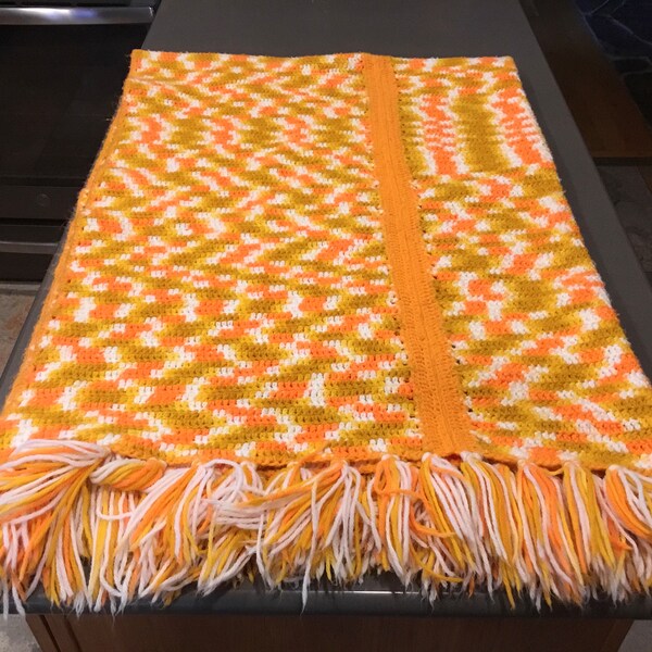 Grandma knit afghan, oranges white n mustards hand knit throw, couch cover, leg warmer multi color w fringed ends, 5ft 4 inches x 45 inches