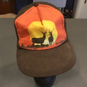 Vintage trucker baseball hat 1970 1980s orange yellow & brown nature scene, sunset w deer ultra kitsch mesh back poly front redneck attire