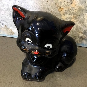 Black cat redware/terra cotta kitten figurine -Japan little black cat- hand painted face vintage 1940 1950 hollow kitty cat big eyes