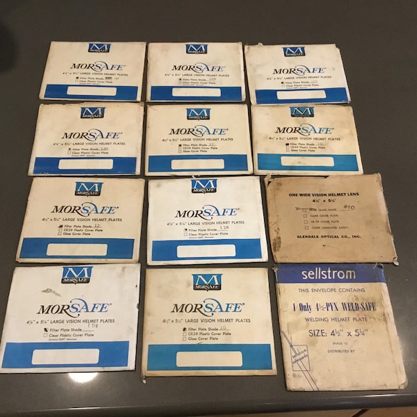 1970s welders helmet plates, 12 glass filter plates shade 10, 11, 12, by MORESAFE, Sellstrom, Glendale op 4.5x5 1/4 vision protection glass