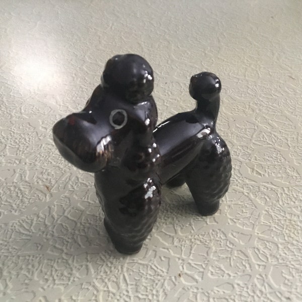 Redware black poodle figurine vintage 1930 1940 hollow terra cotta glazed & hand painted knick knack-deep crazing not cracked through-sturdy