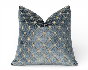 Blue Velvet Pillow Cover | Luxury Decorative Cushion | Multiple Sizes | Beige Background, 18x18, 20x20, 22x22, 14x20 or other sizes