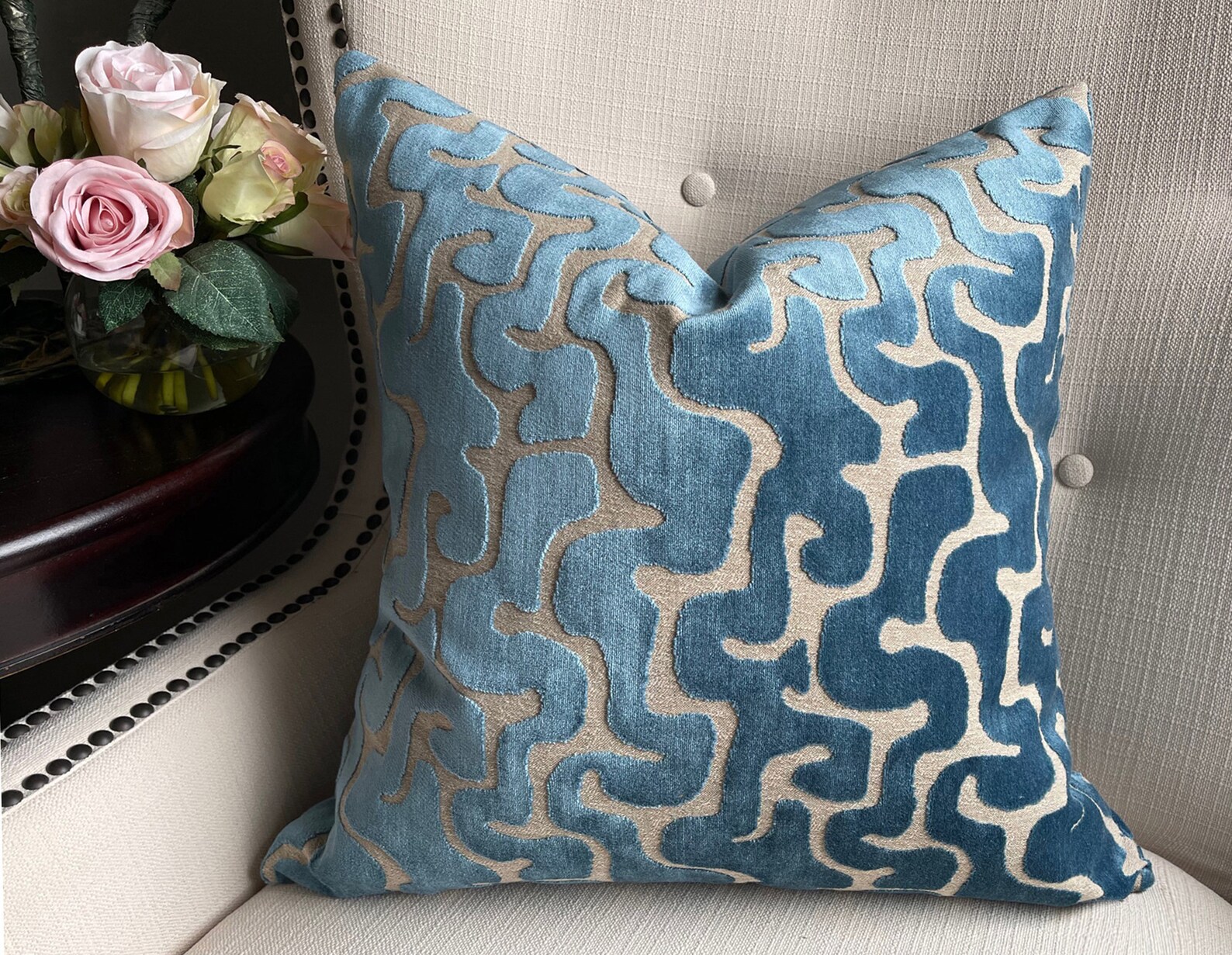 Blue Cut Velvet Pillow Cover Luxurious Throw Pillow 18x18 Etsy
