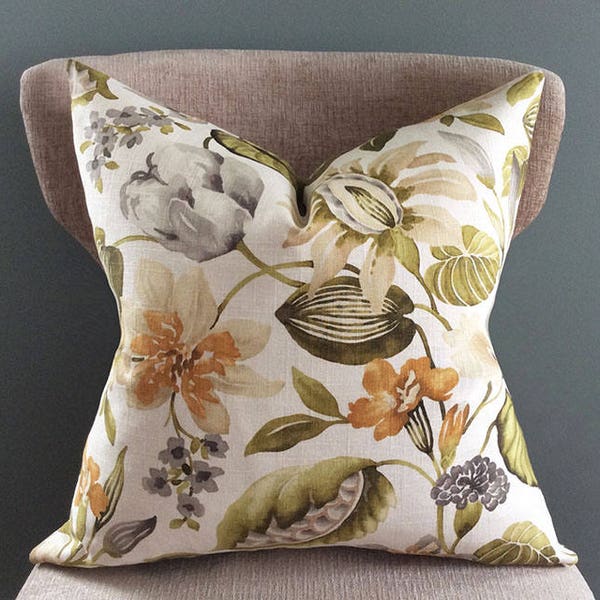 Floral Pillow cover, Green Orange decorative pillow, Linen pillow, Cream Grey White pillow case, Garden