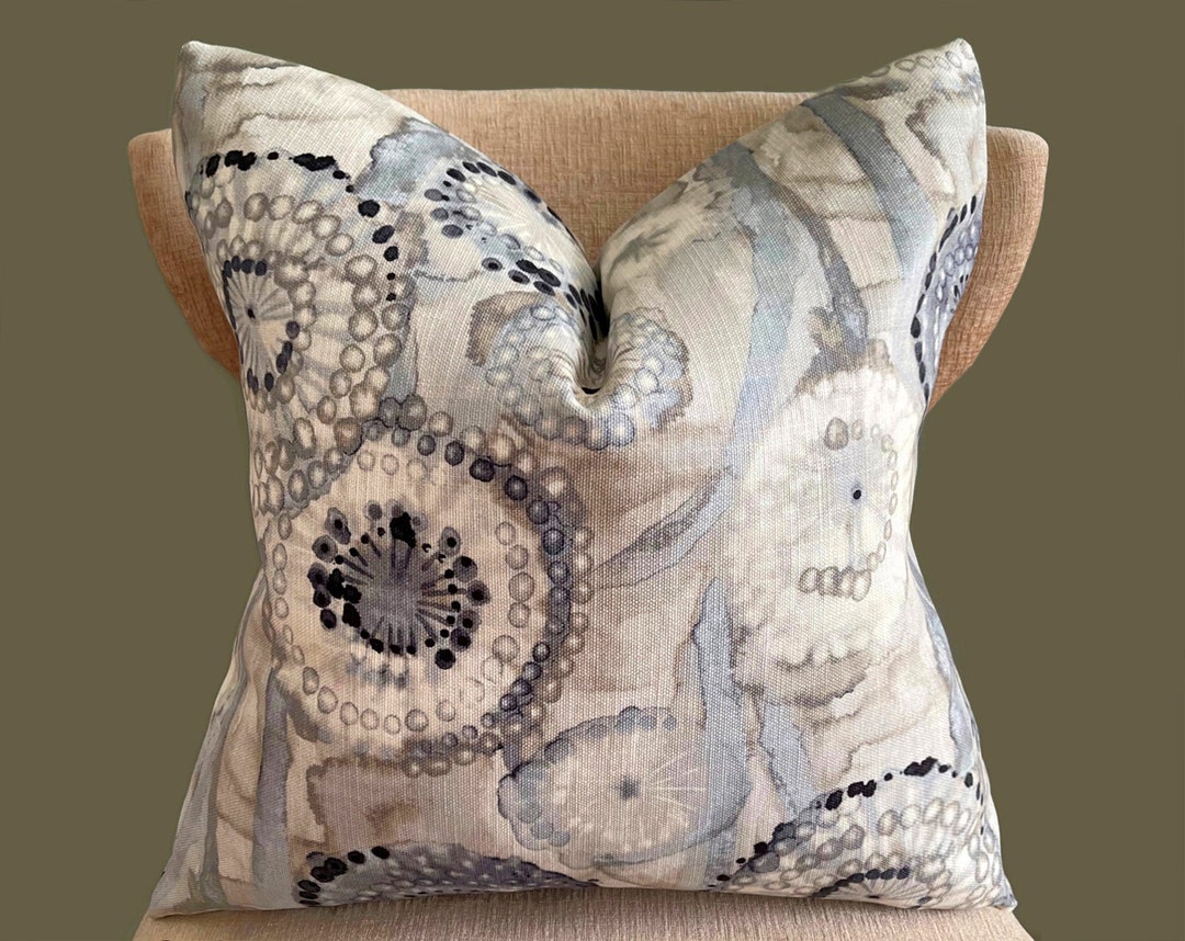 Designer's Fabric Pillow Cover, Blue White Grey Throw Pillows, 18x18