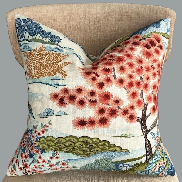 Blossom Landscape Pillow Cover, Coral Blue Throw pillows, Euro shams, lumbar sizes, 18x18, 20x20, 22x22, 24x24