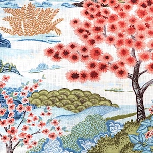 May include: A fabric with a scenic landscape design. The pattern features a stylized depiction of a landscape with cherry blossom trees, rolling hills, and water elements. The color palette includes shades of pink, blue, green, and brown on a white background.